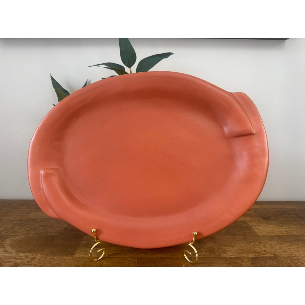Vintage Cyclamen Terra‎ Cotta Pottery Serving Platter Coral Pink Modernist Oval